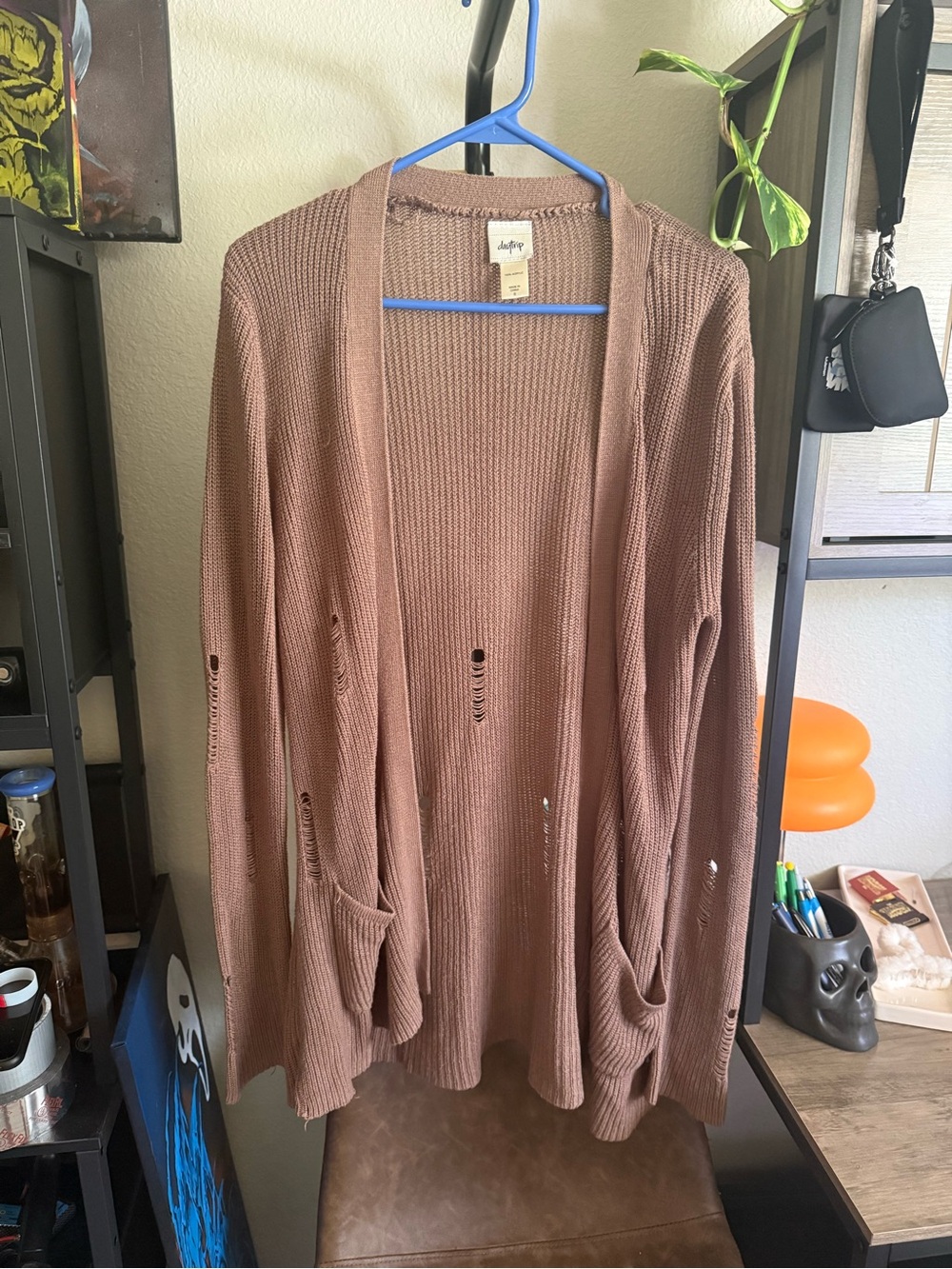 Daytrip brown Open-Front Distressed Ribbed Cardigan